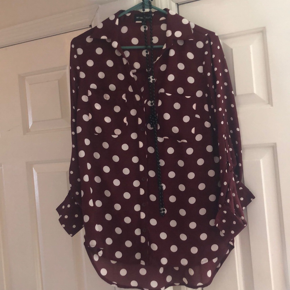 Burgundy and white polka dot blouse